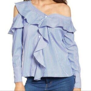 Lost + Wander NWT Blue and White Stripe Asymmetric Blouse Size Small NWT